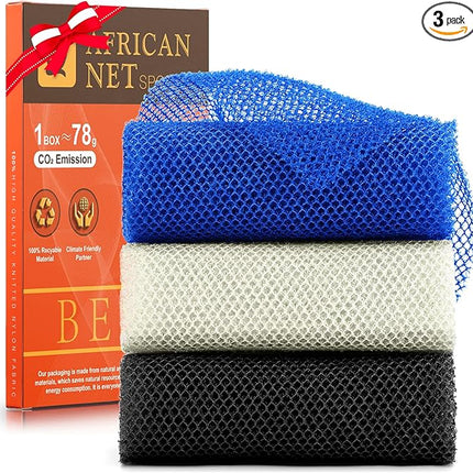 UJFQBH 3 Pieces African Bath Sponge African Net Long Net Bath Sponge Exfoliating Shower Body Scrubber Back Scrubber Skin Smoother,Great for Daily Use(Blue,Black,Off-White)