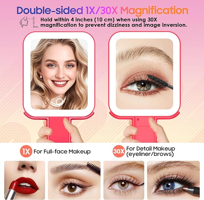 Magnifying Travel Mirror with Light, 30X/1X Double-Sided Magnifying Mirror with 3 Color Lights, Brightness Adjustable, Foldable Handheld Makeup Mirrors Portable for Travel and Desktop Use