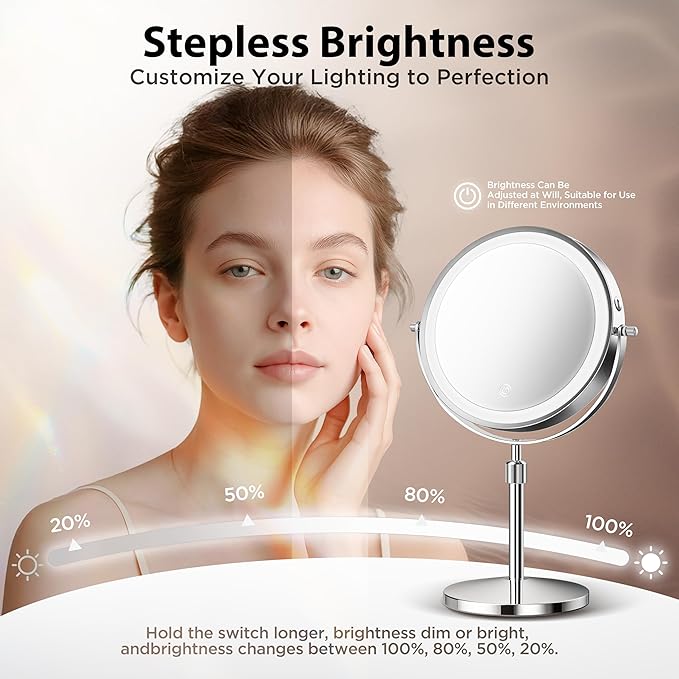 Makeup Mirror, 1X/30X Double Sided Magnifying Mirror/Switch with 3 Colors, 3200 mAh Rechargeable, 8" Lighted Makeup Mirror with Magnification, Adjustable Brightness, for Vanity or Bathroom