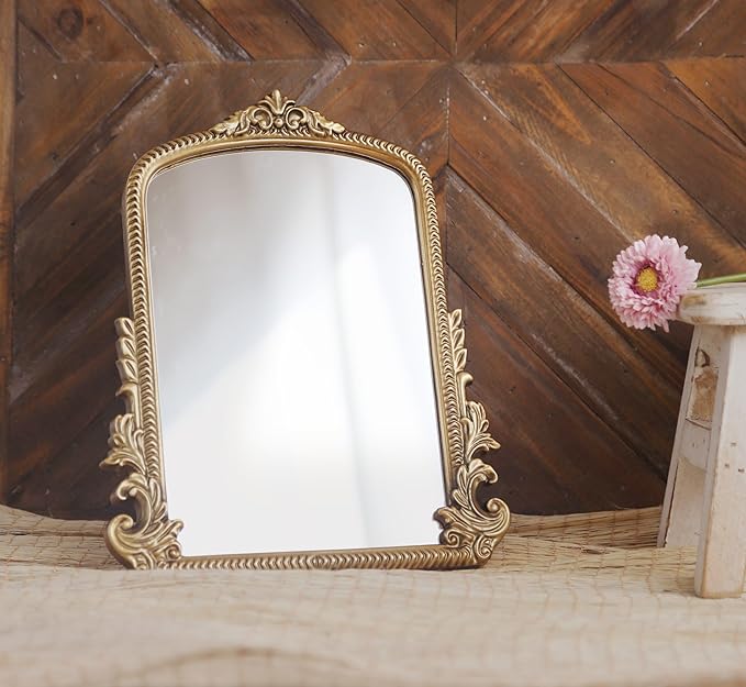 Vintage Bronze Vanity Makeup Bronze Desk Mirror - Antique Gold Finish - Elegant Wood Framed Standing Carved Mirror for Living Room, Bedroom, and Tabletop - 11.8" x 9.6" - Classic Chic Arch Design