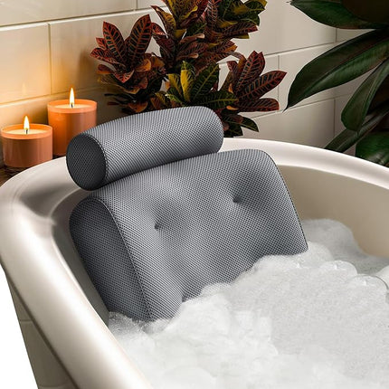 Everlasting Comfort Luxury Bath Pillows for Tub with Head and Neck Support - Non-Slip Bathtub Pillow with Suction Cups, Quick-Drying Mesh & Drying Hook - Jacuzzi & Spa Accessories for Women - Gray