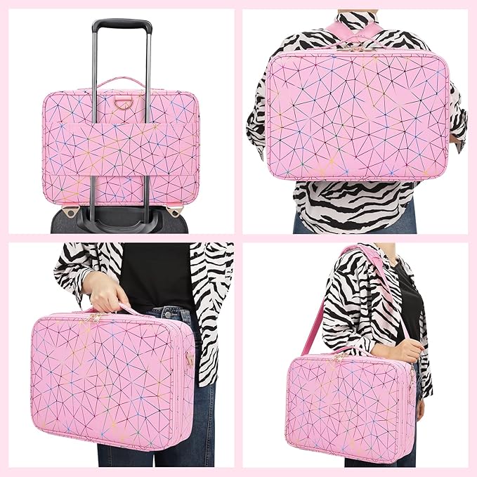 Professional Makeup Case Bag|3 Layers Large Capacity Cosmetic Organizer Brush Bag,Barber Train Case Makeup Artist Box,PU Leather Stylish Geometric Reflection Patterns Pink