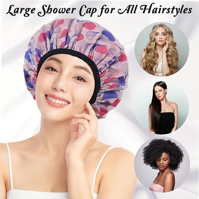 Shower Cap for Women, Shower Caps for Women Reusable Waterproof, Satin Lined Shower Cap, Hair Cap for Shower, Large Plastic Double Layers Bath Caps for Curly Hair Braids