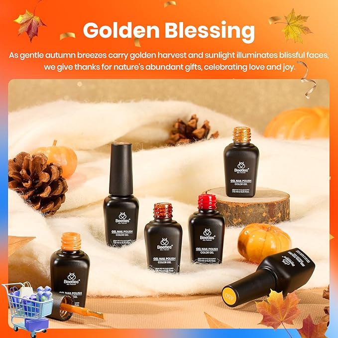 Beetles Fall Gel Nail Polish Set 6 Colors Gel Polish Red Orange Brown Gold Glitter Kit DIY Home Nail Art Manicure Kits Gifts for Women Golden Blessing