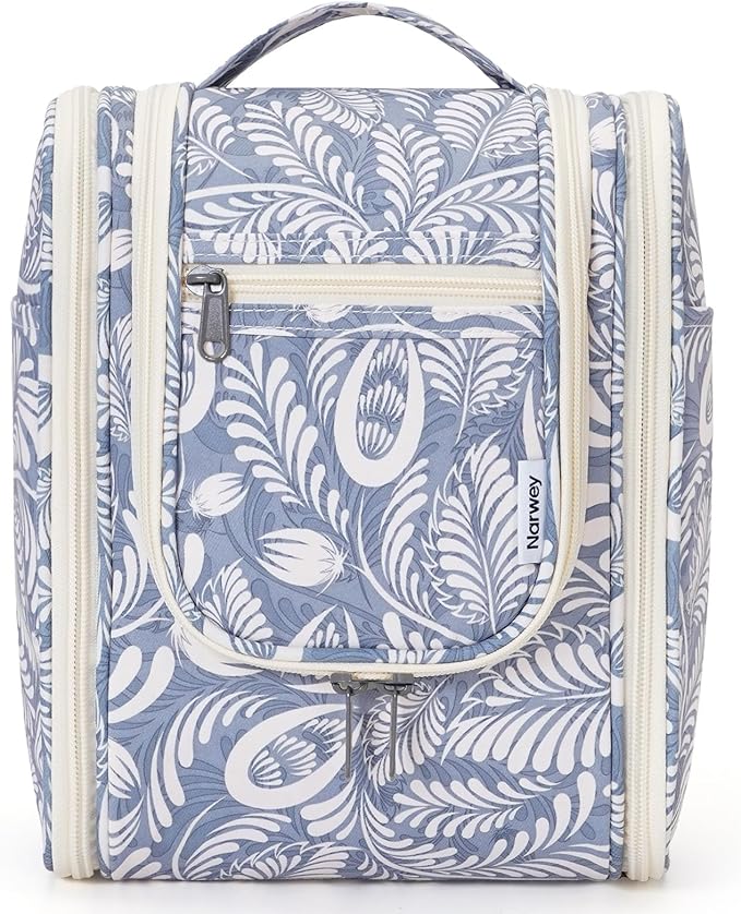 Narwey Small Hanging Toiletry Bag Women Travel Makeup Bag Organizer Toiletries Bag for Travel Size Essentials Accessories Cosmetics (Medium, Blue Leaf)