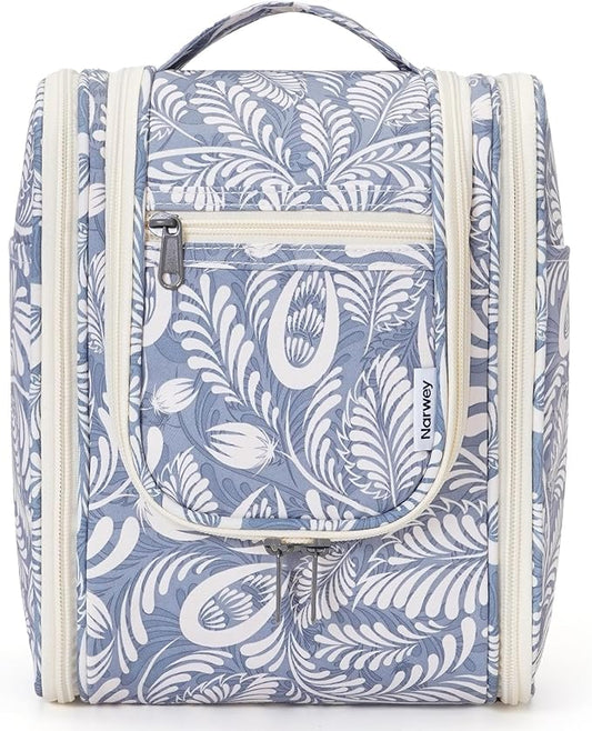 Narwey Small Hanging Toiletry Bag Women Travel Makeup Bag Organizer Toiletries Bag for Travel Size Essentials Accessories Cosmetics (Medium, Blue Leaf)