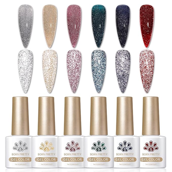 Born Pretty Reflective Glitter Gel Nail Polish, 6 Colors Holographic Gel Polish Long Lasting Sparkly Shiny Nail Polish U V Set for Manicure and Nail Art, DIY at Home, Salon-Quality 7ml