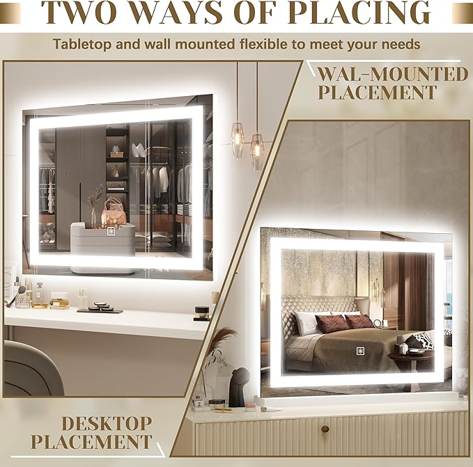 Lighted Vanity Mirror with Lights, LED Makeup Mirror with 3 Color Modes, Touch Dimming, Wall Mountable & Tabletop, Dressing Room Mirror with 10X Magnification, 22x19 Inch, White