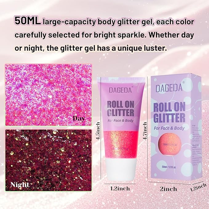 DAGEDA Roll-on Body Glitter,Holographic Eye Face Hair Glitter Gel for Festival Outfit Mermaid Accessories,Chameleon Color Body Shimmer Makeup Rave Outfits Accessories for Women 50ml (Pink)