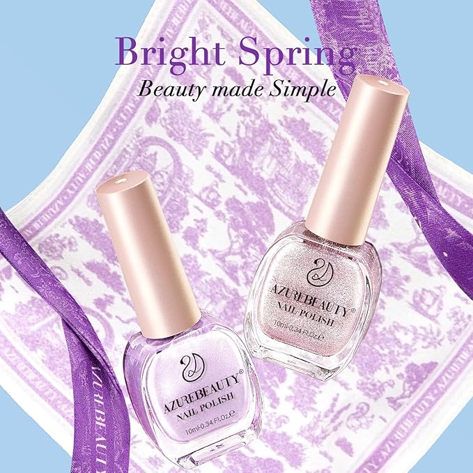 AZUREBEAUTY Sparkle Purple Nail Polish Set Quick Dry Pink Pastel Glitter 2 Colors Nail Lacquer Natural Shine DIY Salon Home Women Gifts 2Pcs 0.34oz