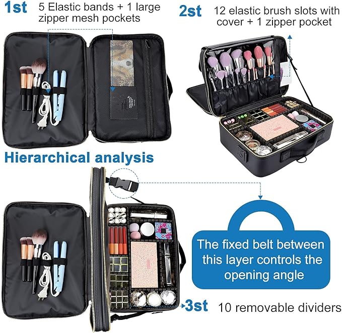 JOURMON Travel Makeup Case 3 Layers Portable Makeup Train Case Cosmetic Bag Organizer Storage for Women with Adjustable Dividers and Shoulder Strap for Toiletry Travel Accessories(Black, L)