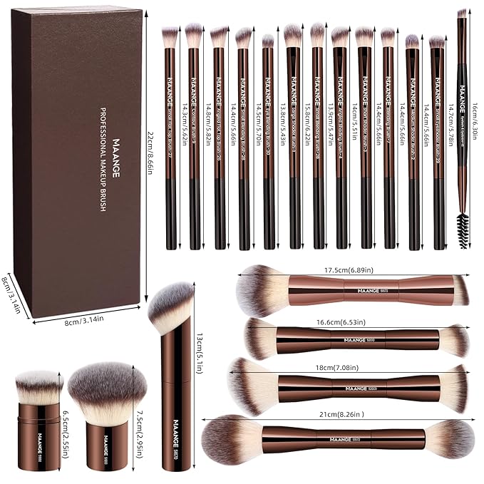 MAANGE 20 Pcs Makeup Brushes with Gift Box, Double-End Multi-functional Makeup Brushes for Blending Liquid Powder Concealer Cream Blush Buffe,CoffeeBrown
