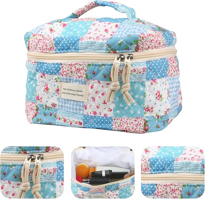 VIWIME Makeup Cosmetic Bag, Large Cotton Quilted Travel Coquette Aesthetic Cute Floral Make up Bag for Women Toiletry Bag Organizer(Grid Rose/4Pcs)