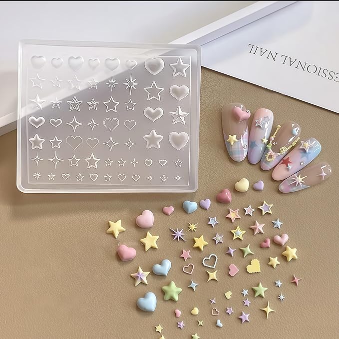 3D Nail Molds Heart, Stars, Starburst Nails Charms Design, Silicone Tool Art Y2k Decoration