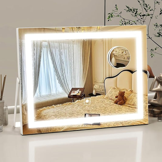 Vanity Mirror with Lights, 14" x 11" LED Makeup Mirror, 3 Modes Light, Smart Touch Control Dimmable, 10X Magnification, 360°Rotation, Square Corner Rectangle, White