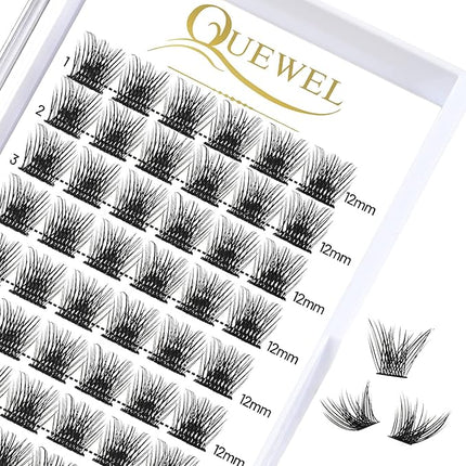 QUEWEL Lash Clusters 72 Pcs Wide Stem Individual Lashes C/D Curl 8-16mm Length DIY Eyelash Extension False Eyelashes Soft for Personal Makeup Use at Home (H03-C-12)