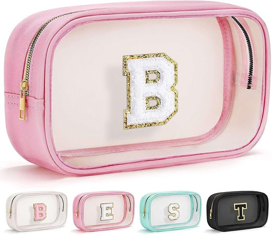 YOOLIFE Birthday Gifts | Initial Travel Makeup Bag Pouch, Clear Toiletry Bag for Women Travel Accessories Cosmetic Bag Skin Care for Teen Make Up Bags Birthday Gifts for Teacher Mom Pink B