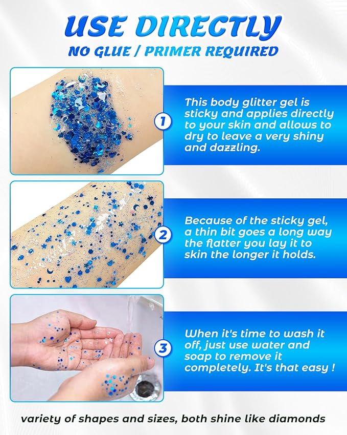 6PCS Blue Face Body Glitter Gel，Holographic Chunky Sequins Body Glitter Paint for Party Singer Concerts Music Festival Rave Accessories for Girls Women Face Body DIY Sparkling Makeup