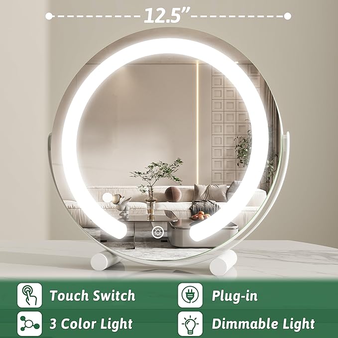 Vanity Mirror with Lights, 12 Inch Light Up Makeup Mirror, LED Makeup Mirror with Lights for Bedroom Tabletop, Smart Touch Control 3 Colors Dimmable, 360° Rotation, White