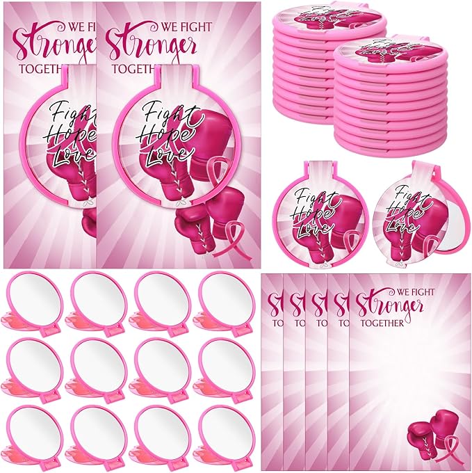 30 Sets Breast Cancer Awareness Gifts for Women Inspirational Folding Pocket Round Compact Mirrors with Motivational Cards Pink Ribbon Boxing Gloves Breast Cancer Survivor Gifts