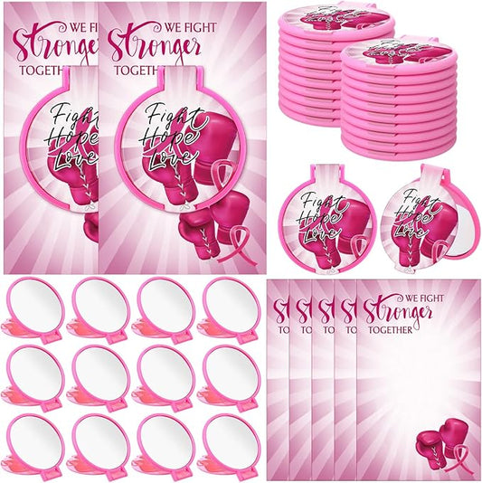 30 Sets Breast Cancer Awareness Gifts for Women Inspirational Folding Pocket Round Compact Mirrors with Motivational Cards Pink Ribbon Boxing Gloves Breast Cancer Survivor Gifts