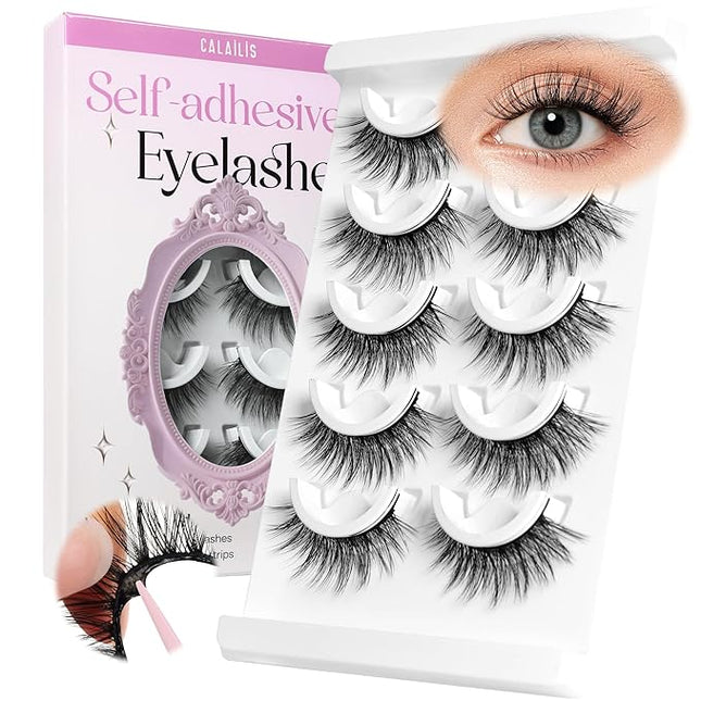 CALAILIS Self Adhesive Eyelashes 5 Pairs Natural Look Press On Lashes No Glue Need Eyelashes Reusable Wispy Self-adhesive False Lashes with Replacement Adhesive Strips (B10)