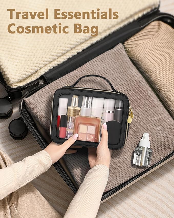 Clear Makeup Bag, Portable Travel Cosmetic Bags, Multipurpose Leather Toiletry Bag with Zipper, Waterproof Transparent Cosmetic Organizer for Women, Medium, Black