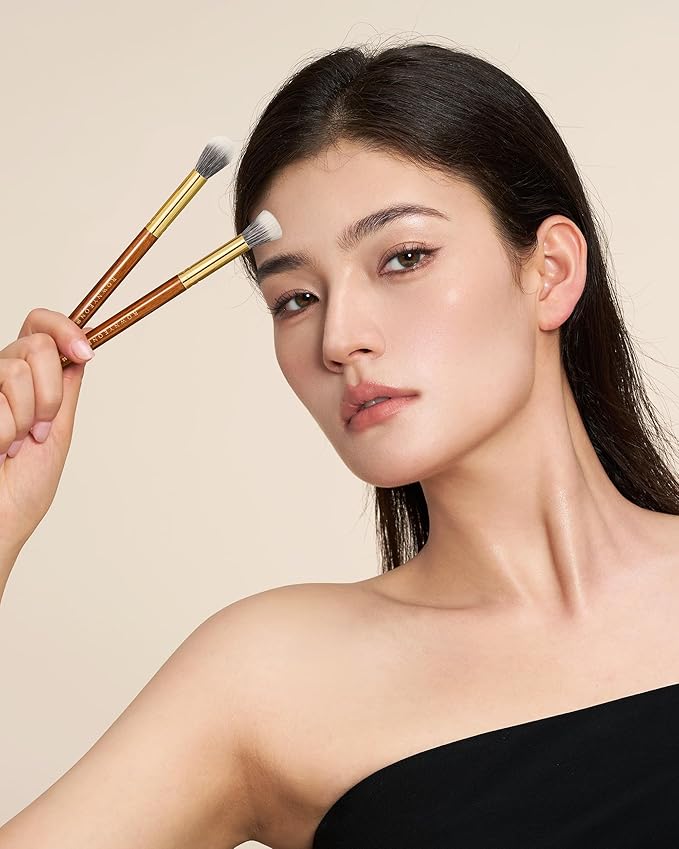 Desert Oak Series Powder Cheek Duo Brush Set - CM 188 Blush Brush & CM 189 Highlighter Brush of Goat Hair for a Soft-Focus Glow, Bubinga Handle