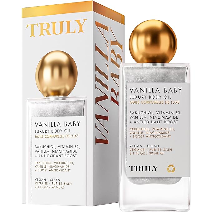 Truly Beauty Vanilla Baby Luxury Body Oil | Plumping Body Shimmer Oil for Hydration & Firmness | With Bakuchiol & Niacinamide for Collagen Boost | Vanilla, Pear & Caramel Scent | Radiant Glow