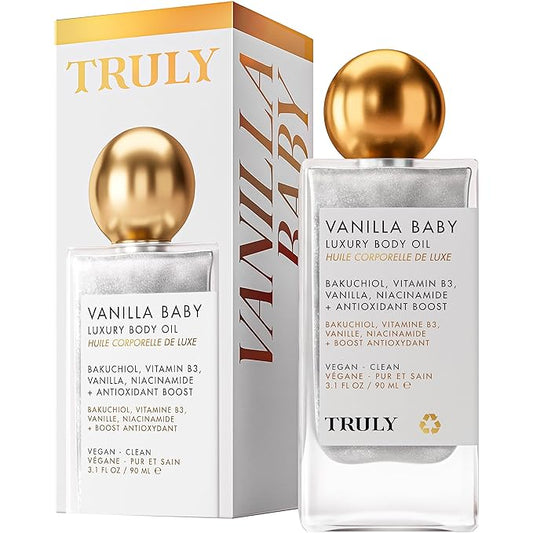 Truly Beauty Vanilla Baby Luxury Body Oil | Plumping Body Shimmer Oil for Hydration & Firmness | With Bakuchiol & Niacinamide for Collagen Boost | Vanilla, Pear & Caramel Scent | Radiant Glow