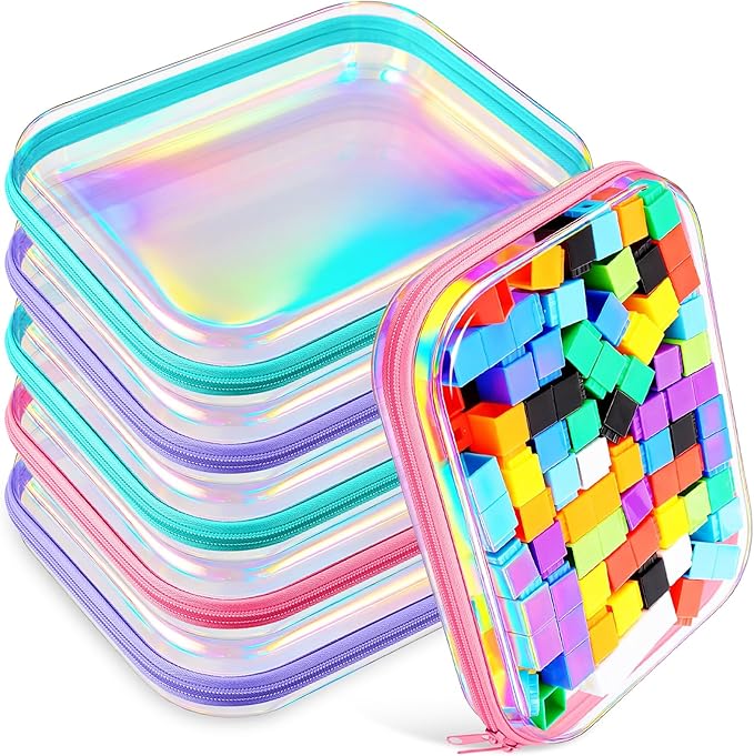 Sanwuta 6 Pcs Clear Hard Zipper Case Pencil Pouches Hard Plastic Zipper Pouches Makeup Bag Transparent Cases for Snacks Plastic Storage Organizer Box for Travel(Holographic,9.84 x 7.87 x 2 Inch)