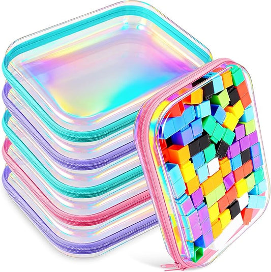 Sanwuta 6 Pcs Clear Hard Zipper Case Pencil Pouches Hard Plastic Zipper Pouches Makeup Bag Transparent Cases for Snacks Plastic Storage Organizer Box for Travel(Holographic,9.84 x 7.87 x 2 Inch)