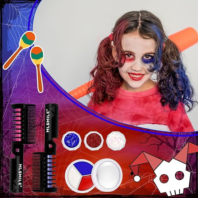 Halloween Makeup Set Clown Make Up Kit Includes Red White Blue Face Paint Hair Color Sticks Glitte Paint Stick Lipstick Makeup Brush Hair Tie for Halloween Cosplay Party DIY