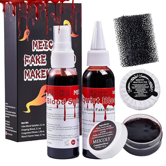 MEICOLY 5PCS Halloween Fake Blood Makeup Kit,Special Effects SFX Makeup for Zombie Vampire Monster Cosplay,2.1oz Fake Blood Spray+2.1oz Dripping Blood+Coagulated Blood+Cleansing Soap+Stipple Sponge