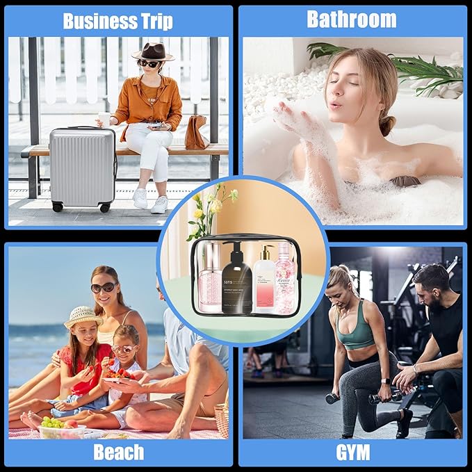 12 Pcs Clear Makeup Bag PVC Waterproof Zippered Clear Cosmetic Toiletry Makeup Carry Pouch for Women Men Vinyl Plastic Organizer Case for Vacation Bathroom (Small, Black)