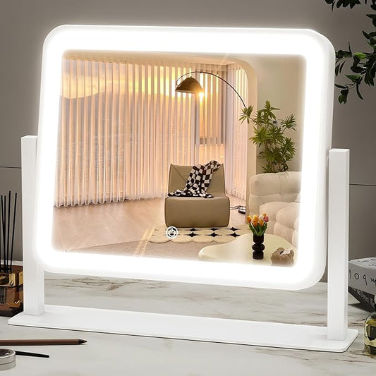 14"x12"Vanity Mirror, Lighted Makeup Mirror for Vanity Desk, Smart Touch Control, 360° Rotation, 3-Color Modes, Bedroom, White
