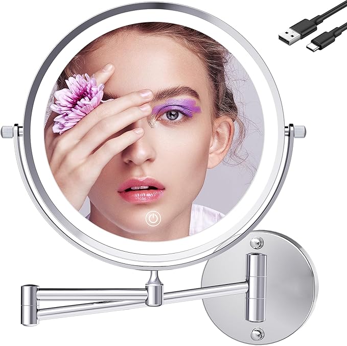 9 Inch Large Rechargeable Lighted Makeup Vanity Mirror Wall Mounted, 1X/10X Magnifying Mirror with Light for Bathroom 3000mAh USB Charging, Chrome Wall Mounted Mirror Swing Arm with 3 Light for Makeup