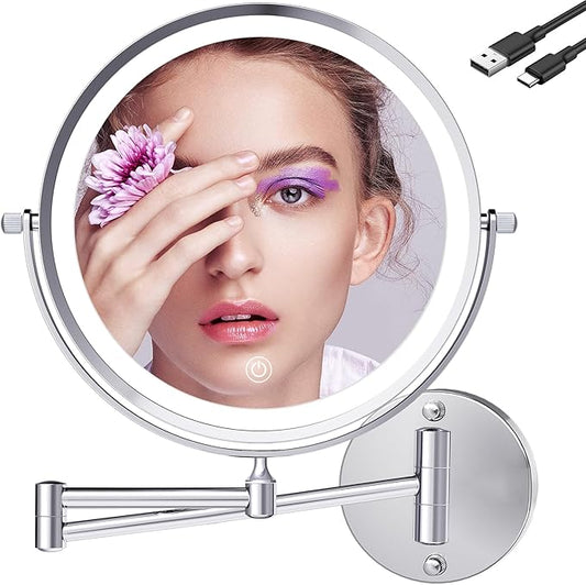 9 Inch Large Rechargeable Lighted Makeup Vanity Mirror Wall Mounted, 1X/10X Magnifying Mirror with Light for Bathroom 3000mAh USB Charging, Chrome Wall Mounted Mirror Swing Arm with 3 Light for Makeup