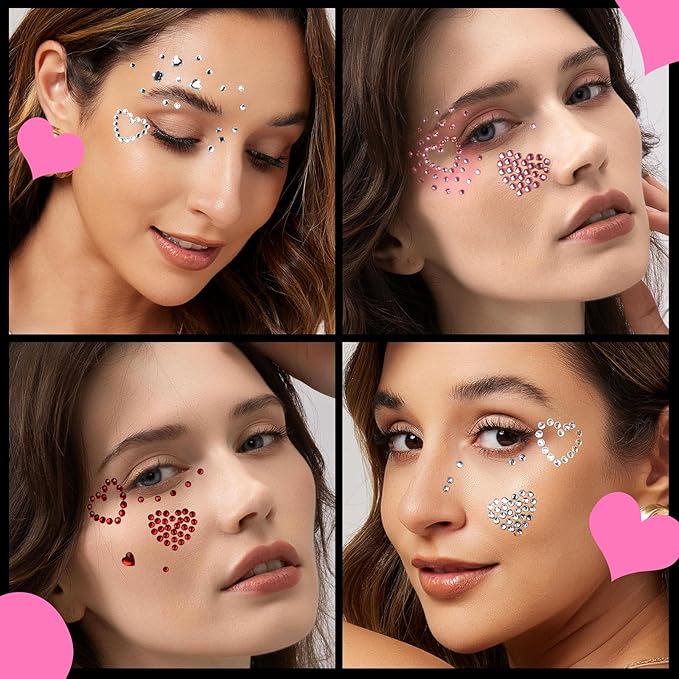 YGDZ Face Gems 5 Sheets Hair Gems, Self Adhesive Face Jewels Stickers, Heart Festival Face Gems Stick on, Rhinestone stickers for Face, Eye, Makeup, Rave Accessories for Kids, Women