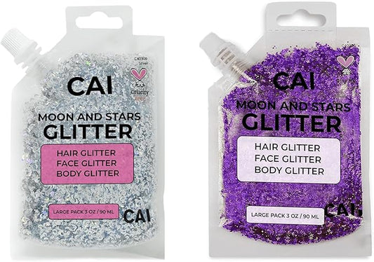 Face, Body & Hair Glitter Gel – Halloween Glitter for Kids and Women – 3 Oz Cosmetic-Grade Gel w/Moon & Stars for Festivals & Halloween Party, Easy Apply & Wash Off - Purple/Silver 2Pack