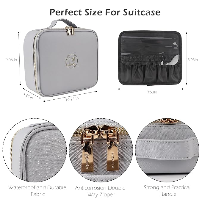 MOMIRA Travel Makeup Bag Cosmetic Bag Makeup Organizer Bag with Lighted Mirror, Adjustable Brightness in 3 Color Scenarios, Waterproof Makeup Train Case, Gift for Women - Grayish