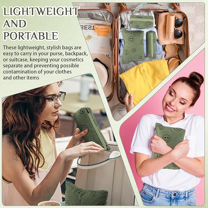 3 Pcs Makeup Bag Set for Women Corduroy Cosmetic Pouch Aesthetic Smile Travel Toiletry Bag Cute Purse Pouch Pencil Case Makeup Brushes Storage Organizer for Christmas(Army Green,Smile Face)