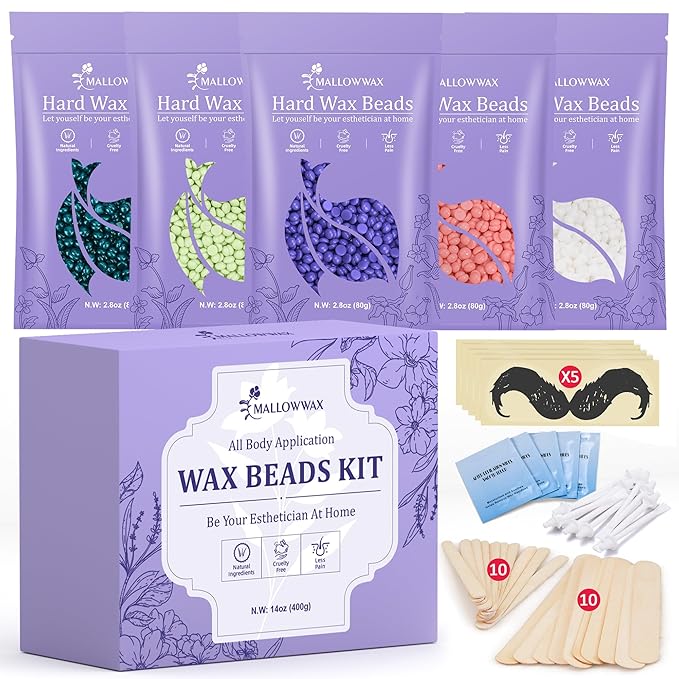 Wax Beads for Hair Removal -5 Pack Hard Wax for Sensitive Skin, Ideal for Bikini, Brazilian, Face, Eyebrow, Legs, Armpit, Full Body - Professional Waxing Wax Refill at Home for Women Men