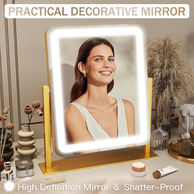 Gold Vanity Mirror with Lights, 15"x13" Lighted Makeup Mirror with Smart Touch, 3-Color Dimmable Lighting, 360° Rotation, Tabletop Mirror for Desk or Bedroom