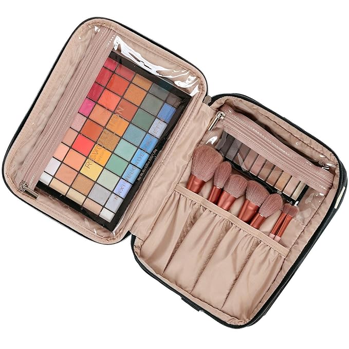 NISHEL Extra Large Double Layer Travel Makeup Bag Women, Cosmetic Organizer Case, Essentials Accessories with Shoulder Strap for Bottles, Brushes, Conditioner, Skin Care Products, Black