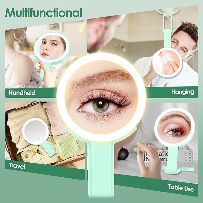 MIYADIVA Magnifying Mirror with Light, Double Sided 30X/1X Lighted Travel Makeup Mirror with Magnification, 3 Color Lighting, Dimmable Touch Screen, Adjustable & Foldable Hand Mirror (Green)