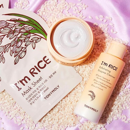 TONYMOLY I'm Rice Clarifying Skincare Set – 3-Step Face Care for Clear, Hydrated Skin – Includes Enzyme Powder Cleanser, Blemish Mask & Nourishing Sheet Masks – Gentle Exfoliation & Oil Control