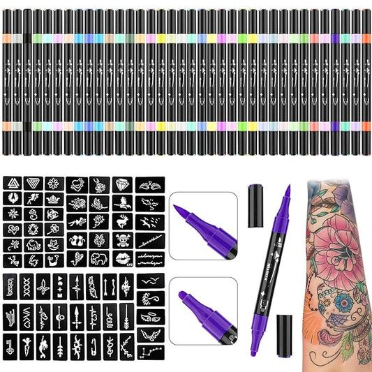 Ponhey Temporary Tattoo Markers for Skin, 36 Body Markers+67 Large Tattoo Stencils,Dual-End Tattoo Pens,Fine Lines with Cosmetic-Grade,Flexible, Skin-Safe Face Paint Kit for Kids Teenage Adults