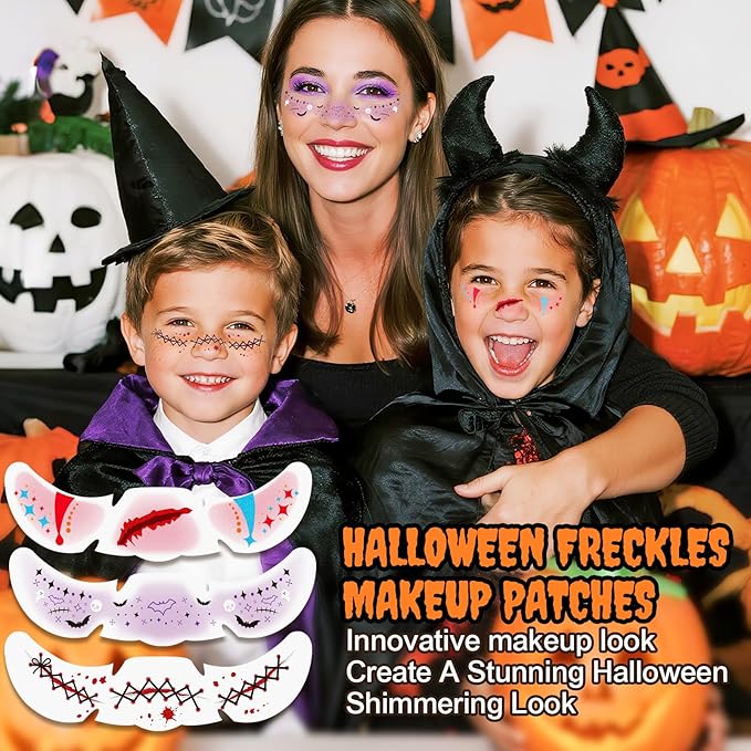 24pcs Halloween Freckles Makeup Patches Face Glitter Speckles, Halloween Temporary Face Tattoo Glitter Freckles, Glitter Speckles Patches for Adults and Kids, Cute Sparkling Fake Freckles for Festival