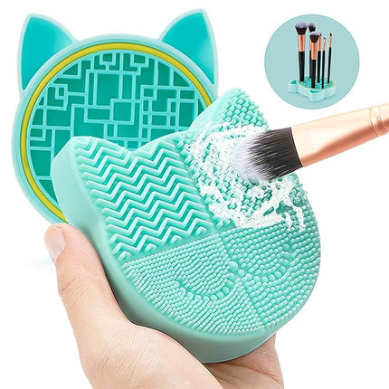 TailaiMei 2 in 1 Makeup Brush Cleaning Mat With Drying Holder, Silicon Cat Shaped Cleaner Pad, Cosmetic Organizer Rack, Portable Washing Tool for Makeup (Green)